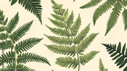 A seamless pattern of green fern leaves on a beige background.