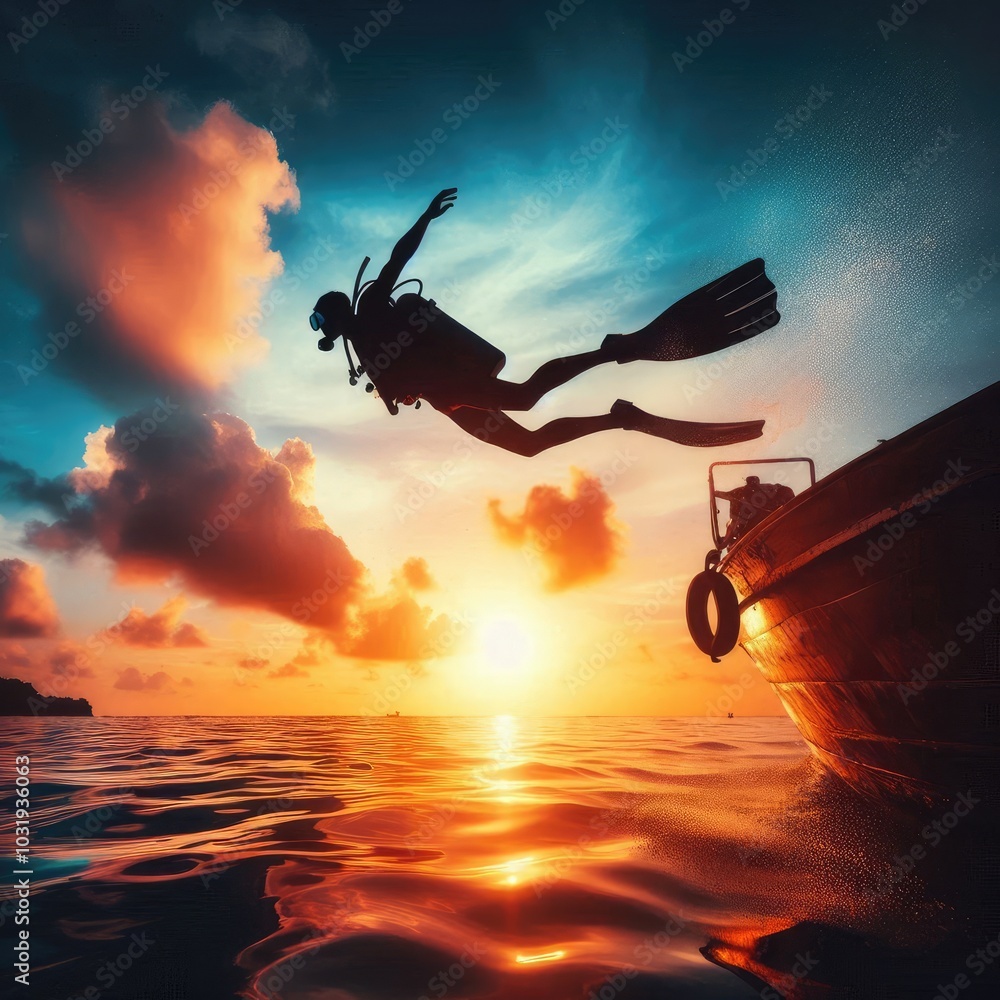 Fototapeta premium Capture the exhilarating moment of a scuba diver leaping into the ocean at sunset. Emphasize the silhouette of the diver, showcasing the fluid motion and grace as they plunge into the shimmering water