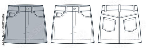 Mini Skirt technical fashion illustration. Skirt fashion flat technical drawing template, pockets, zipper, front and back view, white, grey, women CAD mockup set.