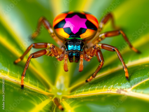 A colorful bug with a star on its back is standing on a leaf. The bug is surrounded by green leaves and he is in a natural setting