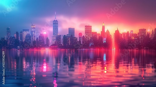 City Skyline, vibrant colors, night lights, panoramic view, dynamic