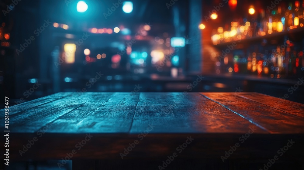 Vibrant Bar Scene with Wooden Table Surface Vibrant Bar Scene with Wooden Table Surface