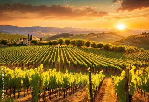 Wallpaper Mural dynamic vineyard landscape featuring lush green vines ripe grapes bathed warm sunset light over rolling hills, aerial, agriculture, bloom, crops, earth Torontodigital.ca