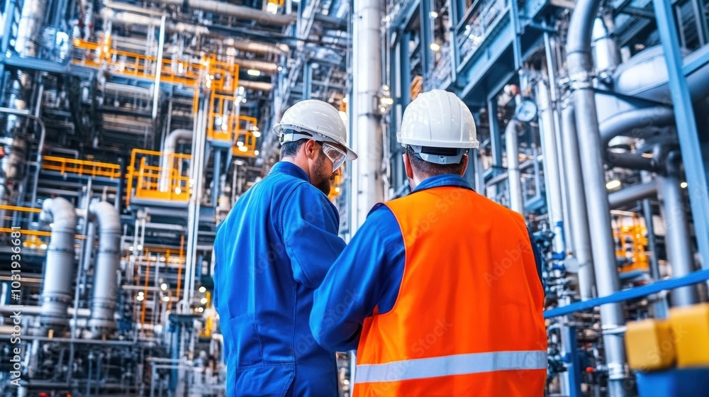 Fototapeta premium An engineer conducting a thorough machinery safety inspection in a modern industrial plant, ensuring compliance with safety regulations