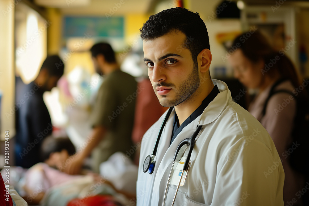 Fototapeta premium A man in a white lab coat stands in front of a group of people