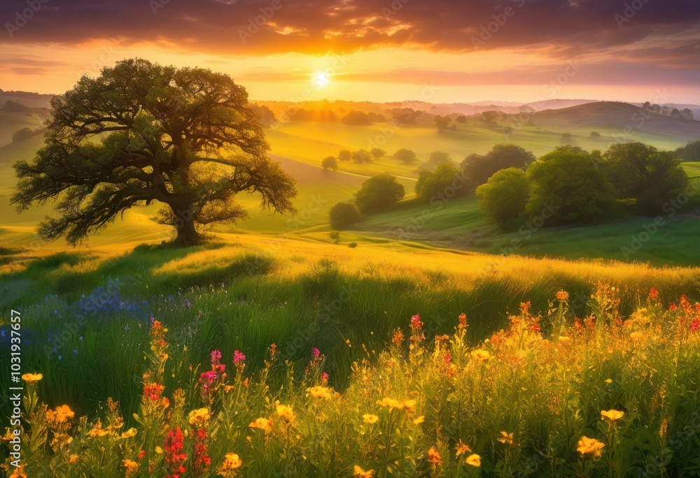 Obraz premium vibrant sunrise over lush fields brimming bounty rich vegetation, bloom, flowers, sunlight, nature, landscape, colors, agriculture, crops, beauty, morning