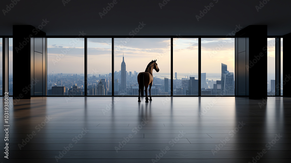Horse in modern room, city skyline view Horse in modern room, city skyline view