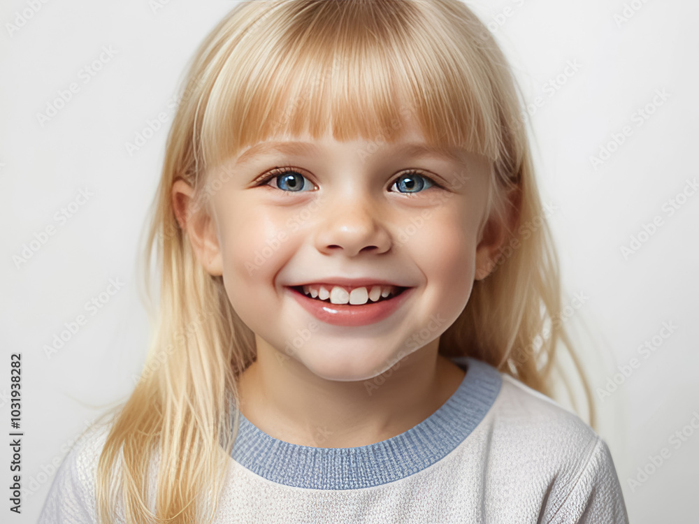 Studio photo of an little blonde girl with a toothless smile on a white background Studio photo of an little blonde girl with a toothless smile on a white background