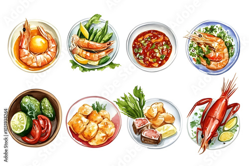 Watercolor collection of thai food isolated on white background