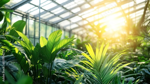 Lush green plants growing in a greenhouse with sunlight shining through the glass roof.