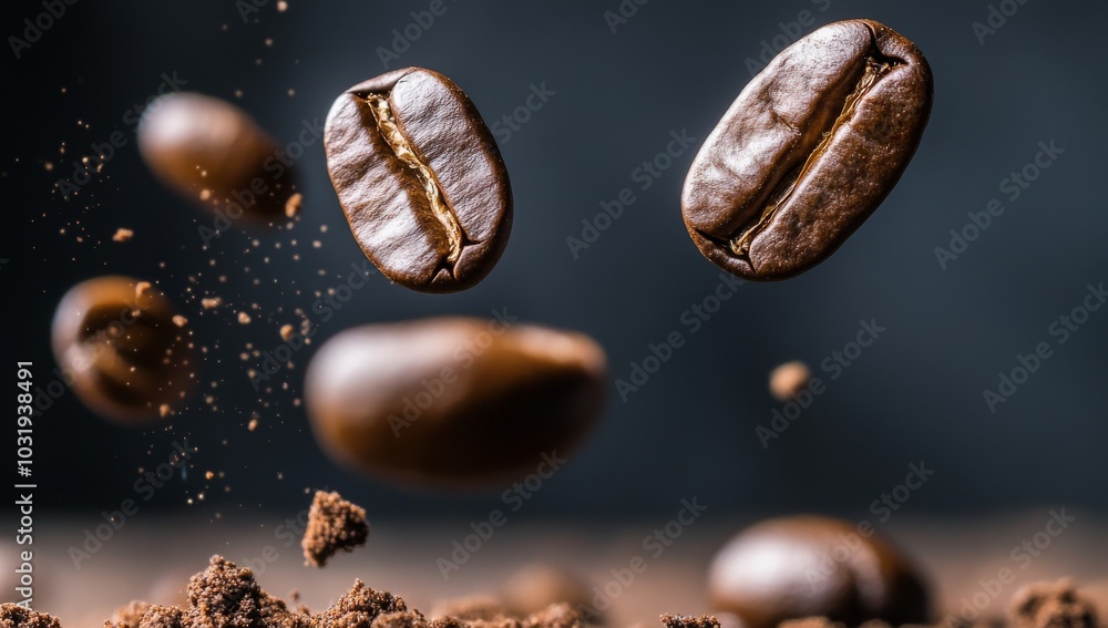 Obraz premium Close-Up of Coffee Beans Suspended in the Air with Particles and Dirt on Their Surface