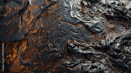 Close-up view of dark viscous liquid, resembling oil, spreading on brown surface. Uneven flow indicates accumulation over time, against dark background.