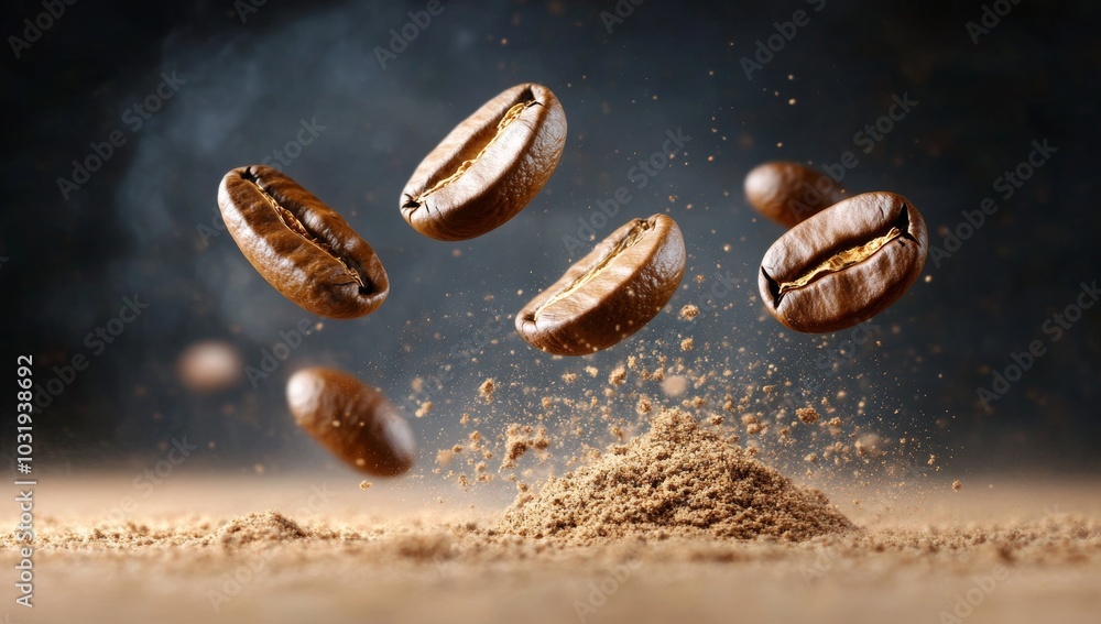 Close-Up of Coffee Beans Suspended in the Air with Particles and Dirt on Their Surface Close-Up of Coffee Beans Suspended in the Air with Particles and Dirt on Their Surface