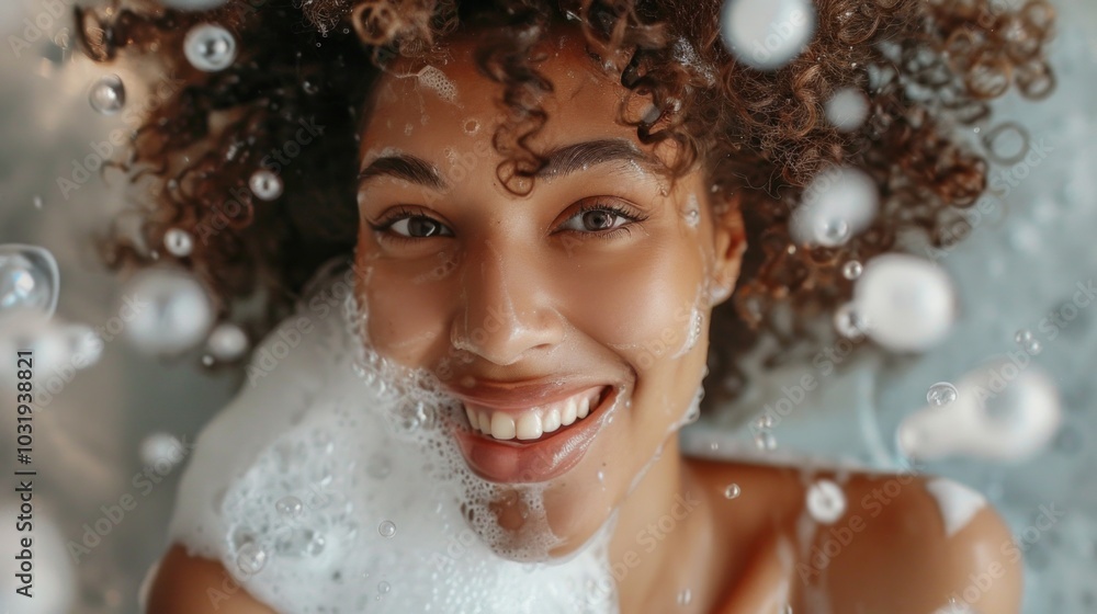 A smiling woman with curly hair covered in soap suds and water droplets, creating a lively and cozy atmosphere, likely enjoying a refreshing shower moment. A smiling woman with curly hair covered in soap suds and water droplets, creating a lively and cozy atmosphere, likely enjoying a refreshing shower moment.