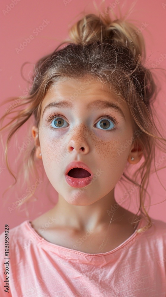 Image shows a surprised blonde girl with blue eyes and freckles. Background transitions from light pink to dark pink. Image shows a surprised blonde girl with blue eyes and freckles. Background transitions from light pink to dark pink.