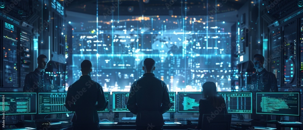 Six people in a high-tech command center analyze global data on computer monitors, with a world map display and glowing city connections, set in a modern and strategic environment. Six people in a high-tech command center analyze global data on computer monitors, with a world map display and glowing city connections, set in a modern and strategic environment.