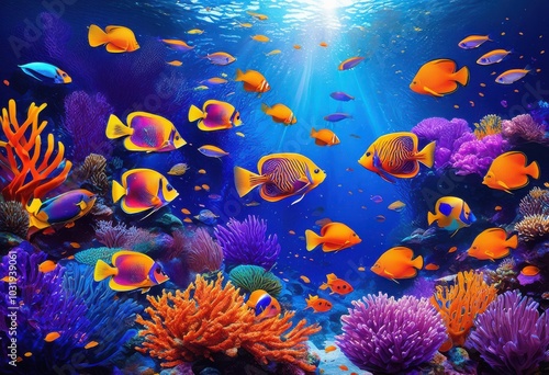 vibrant fish swimming amidst colorful coral reefs lively marine environment full stunning underwater textures bright tones, aquatic, ocean, species, habitat photo