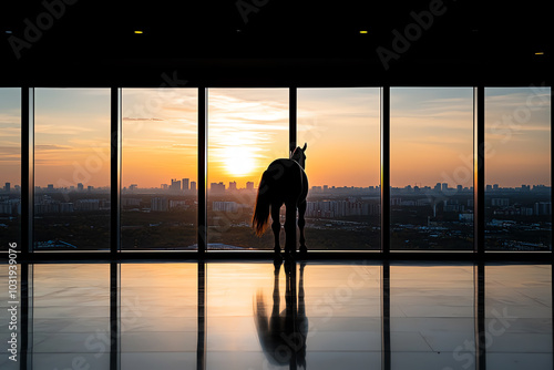 Horse silhouette against sunset window view photo