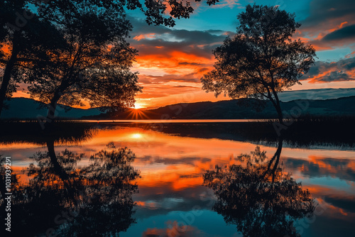 A beautiful sunset over a lake with two trees in the foreground