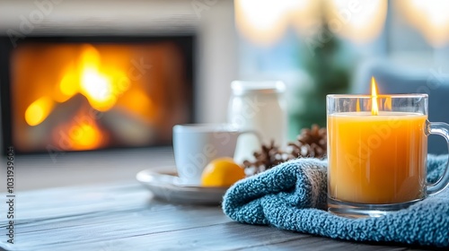 Cozy and Inviting Living Room with Crackling Fireplace Soft Wool Blankets and Steaming Hot Drinks on the Coffee Table photo