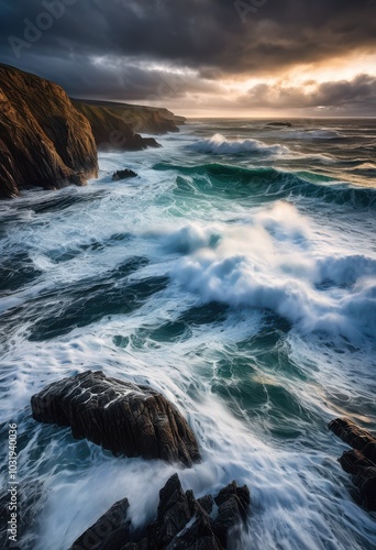 stunningly dramatic coastline featuring crashing waves under moody skies captured striking blue gray tones, beach, ocean, cliffs, clouds, horizon, sunset photo