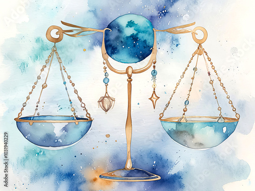 Watercolor drawing in blue of zodiac sign Libra. Libra, the sign of judgment and justice photo