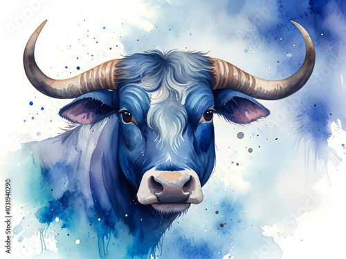 Watercolor drawing in blue of zodiac sign Taurus. Animal bull photo