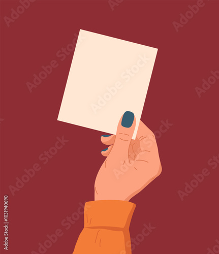 Hand drawn vector illustration of female hand holding empty white note paper. Human arm with business card, empty label, banner with copy space, blank for advertising message. Template for information