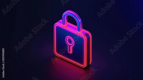 Neon padlock icon with keyhole on dark background, symbolizing security and protection. photo