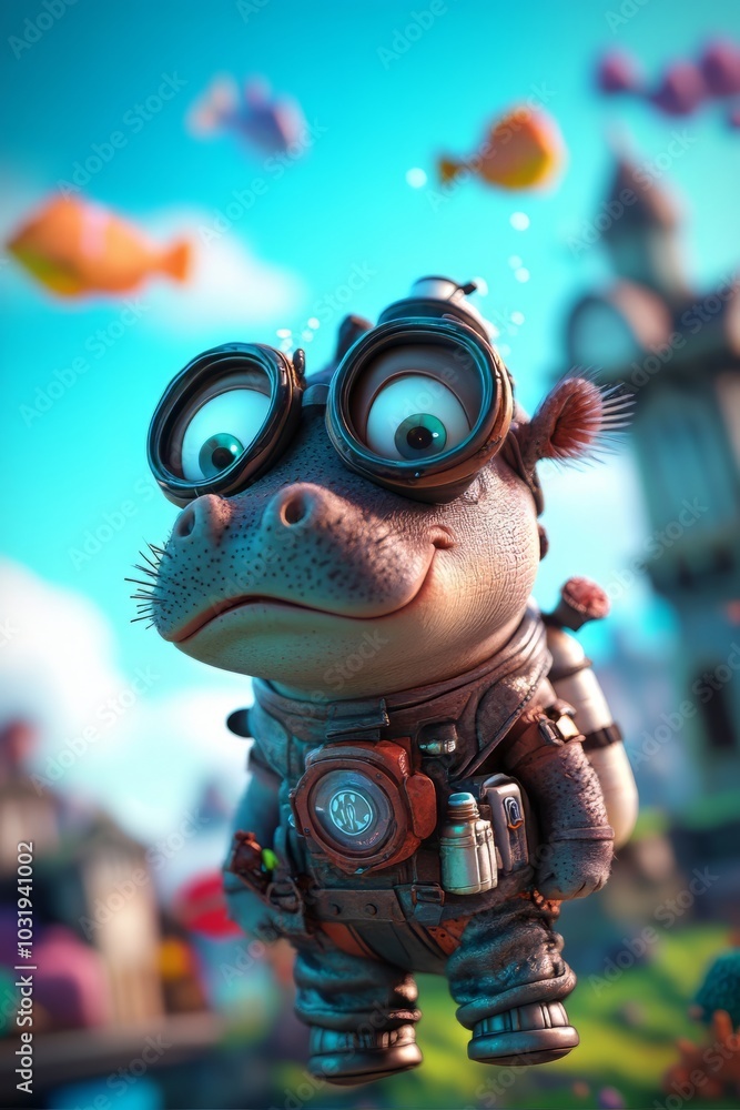 Cute hippo character with goggles and backpack Cute hippo character with goggles and backpack