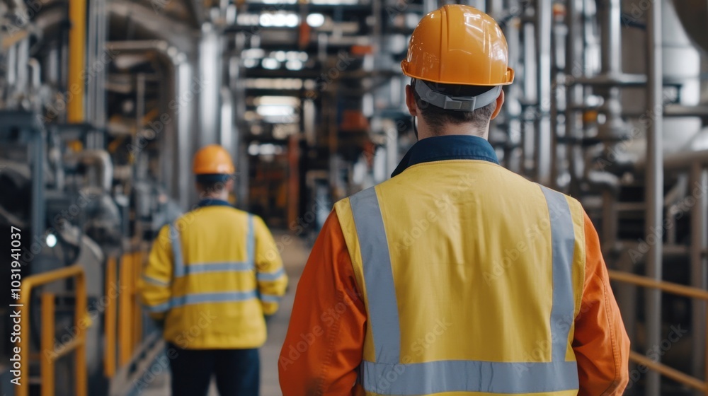 Engineers performing a detailed audit of industrial machinery, ensuring that the installation meets safety standards and regulations Engineers performing a detailed audit of industrial machinery, ensuring that the installation meets safety standards and regulations