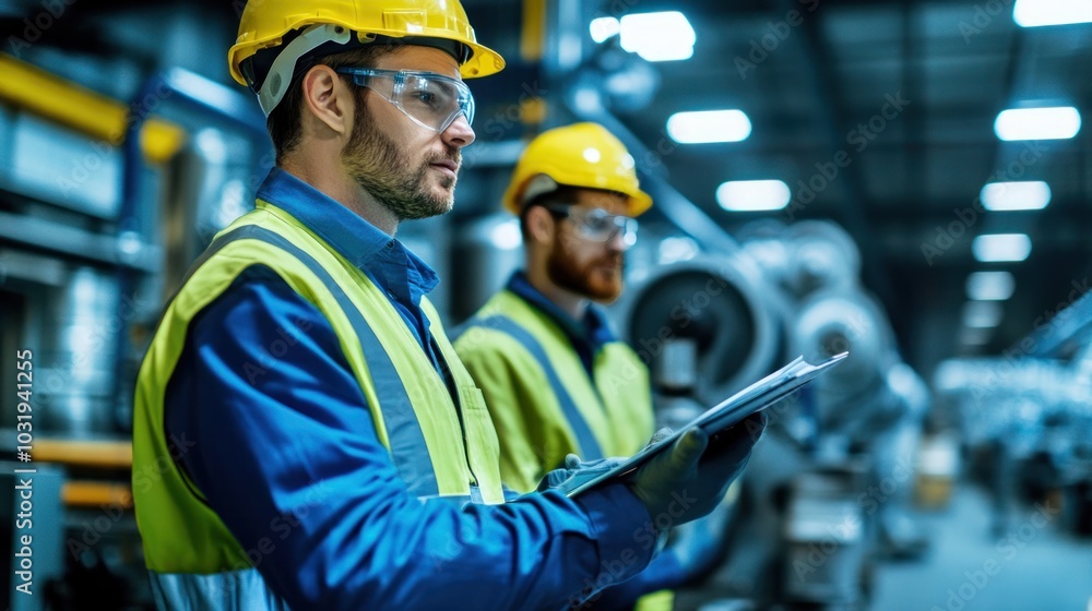 Engineers performing a detailed inspection of newly installed industrial equipment, ensuring compliance with safety regulations Engineers performing a detailed inspection of newly installed industrial equipment, ensuring compliance with safety regulations