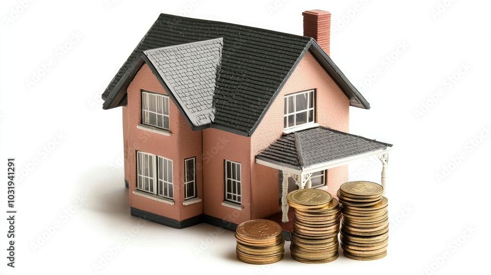 An artistic representation of a house model with coins stacked beside it on a white background, emphasizing the themes of financial planning and real estate taxes. An artistic representation of a house model with coins stacked beside it on a white background, emphasizing the themes of financial planning and real estate taxes.