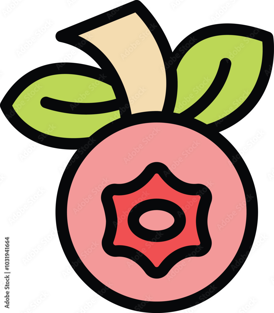 This vector illustration features a pink peach with green leaves, showcasing its juicy and tempting flesh