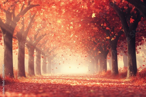 A path through a forest with trees and leaves on the ground. The leaves are orange and the trees are tall