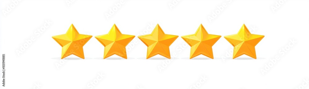 Five yellow stars are lined up in a row. The stars are all the same size and shape, and they are evenly spaced apart. Concept of achievement or accomplishment Five yellow stars are lined up in a row. The stars are all the same size and shape, and they are evenly spaced apart. Concept of achievement or accomplishment
