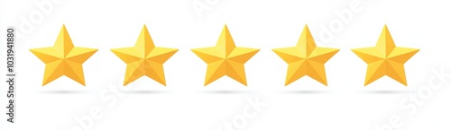 Five yellow stars are shown in a row. The stars are all the same size and are evenly spaced apart. Concept of achievement or success