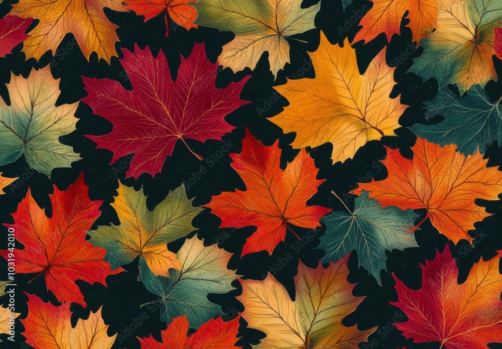 A black background with a variety of colorful leaves scattered throughout. The leaves are of different sizes and colors, including red, yellow, and green. Scene is vibrant and lively A black background with a variety of colorful leaves scattered throughout. The leaves are of different sizes and colors, including red, yellow, and green. Scene is vibrant and lively