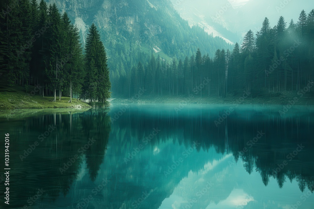 A serene lake surrounded by trees with a clear blue sky in the background. The calm water reflects the trees and sky, creating a peaceful and tranquil atmosphere A serene lake surrounded by trees with a clear blue sky in the background. The calm water reflects the trees and sky, creating a peaceful and tranquil atmosphere