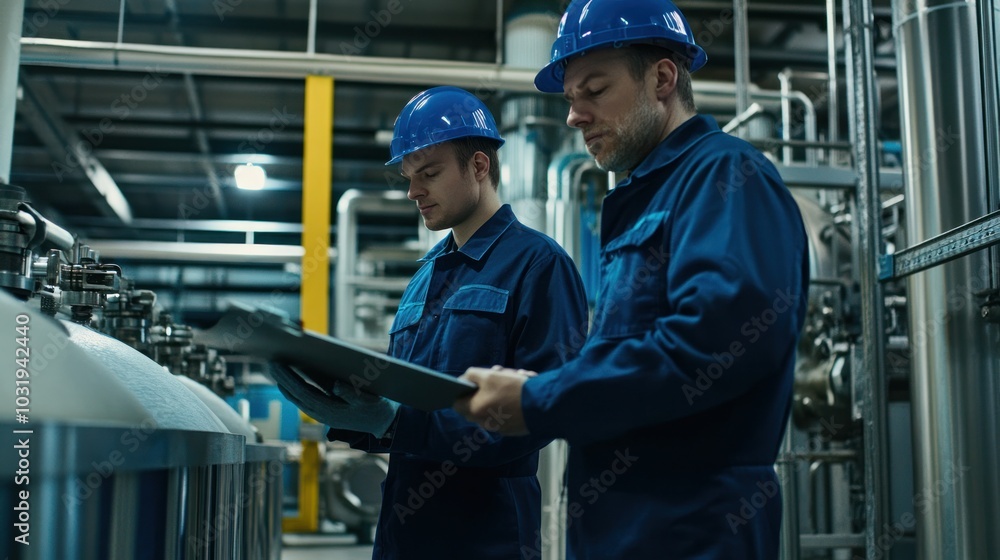 Engineers working on-site, inspecting industrial equipment for compliance with safety standards and operational efficiency Engineers working on-site, inspecting industrial equipment for compliance with safety standards and operational efficiency