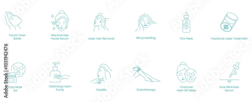 Facial Toner, Niacinamide, Laser Hair Removal, Microneedling, TCA Peels, Fractional Laser Treatment, Clay Mask, Cleansing Foam, Kybella, Sclerotherapy, Charcoal Peel-Off Mask vector icon set