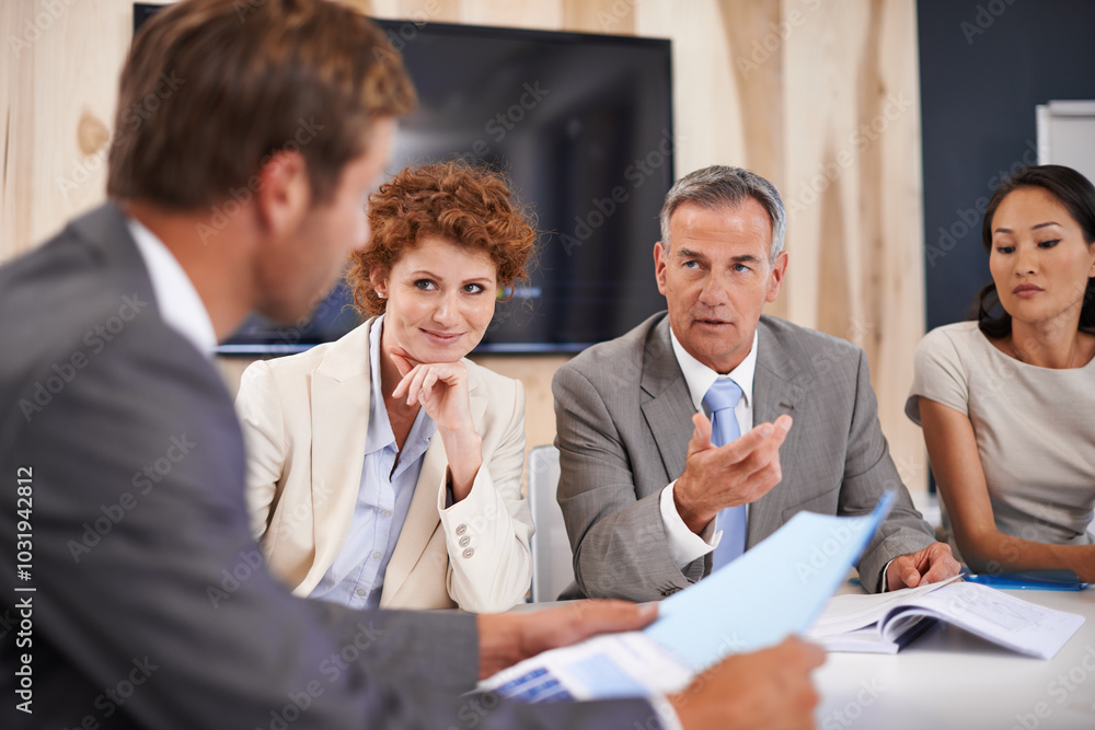 Fototapeta premium Teamwork, strategy and planning with business people in office for meeting, partnership and project management. Proposal, brainstorming and corporate with employee in agency for coaching and idea