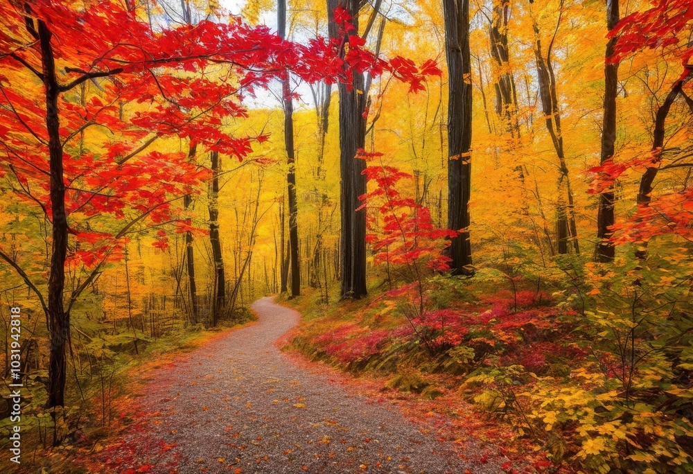 Fototapeta premium vibrant autumn leaves adorn scenic trails rich colors captivating forest environments under soft sunlight, scenery, paths, nature, outdoors, landscape, park