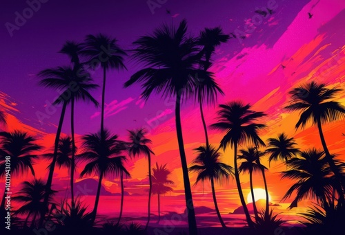 vibrant tropical palm tree silhouette designs prints featuring exotic colors textures stunning visual display, shadow, nature, graphic, leaf, pattern, sunset