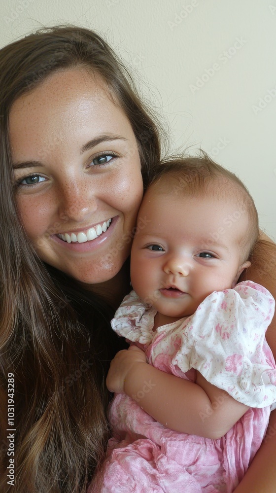 Loving mother smiles joyfully while holding her adorable baby in bright natural light Loving mother smiles joyfully while holding her adorable baby in bright natural light