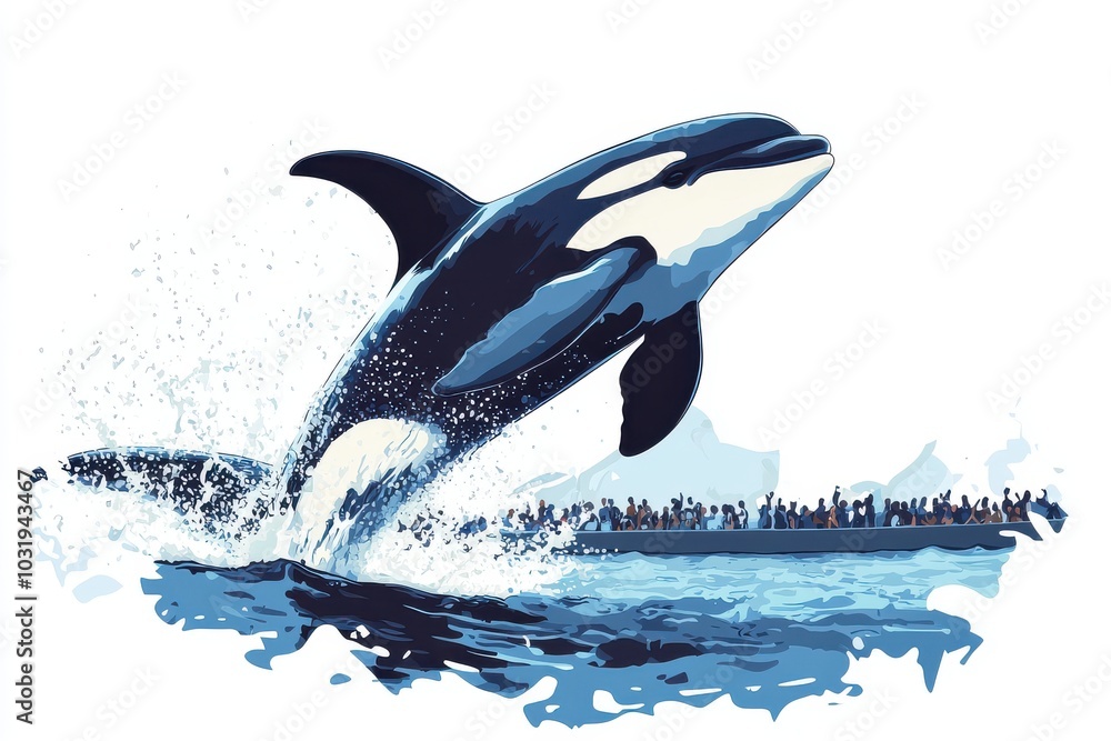Obraz premium A blue and white whale is leaping out of the water. The scene is lively and full of energy, with a large group of people watching the whale from the shore. The image captures the excitement