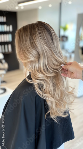 Stylish long blonde hair in a salon setting