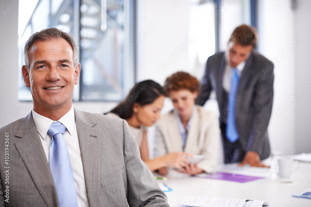 Mature man, meeting and business portrait with collaboration, teamwork and lawyer brief in office. Boardroom, employee and staff together with planning at law firm with working on attorney case Mature man, meeting and business portrait with collaboration, teamwork and lawyer brief in office. Boardroom, employee and staff together with planning at law firm with working on attorney case
