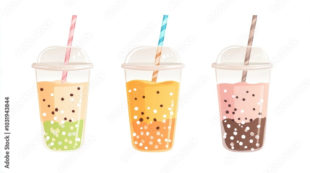 Flat-style bubble tea cup illustration with fun tapioca pearls, a striped straw, and a clear lid, perfect for cute drink designs on white. Flat-style bubble tea cup illustration with fun tapioca pearls, a striped straw, and a clear lid, perfect for cute drink designs on white.