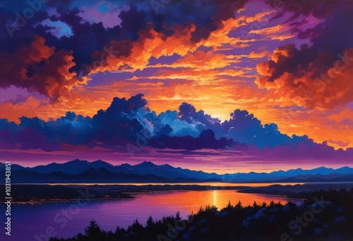 stunning twilight scene showcasing dramatic colors sky blending through brilliant hues blue dusk, sunset, clouds, orange, purple, gradient, horizon, landscape